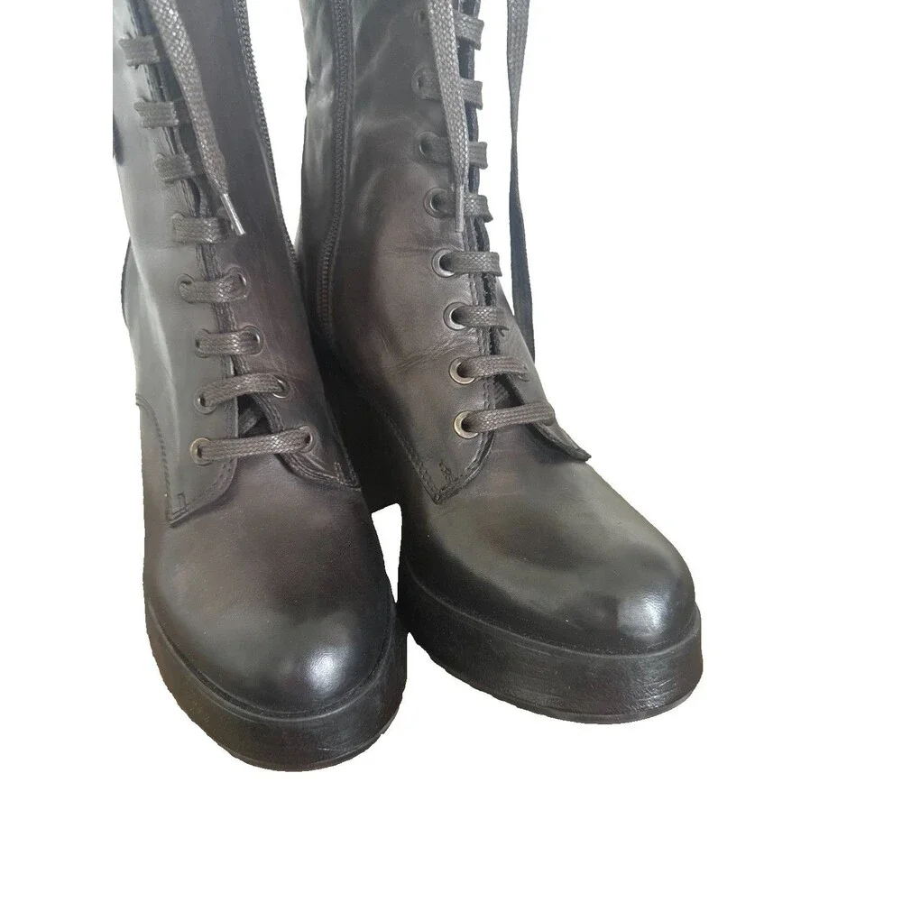 Emanuele Crasto Black Leather Platform Combat Boots Womens 6.5 Y2K Made Italy